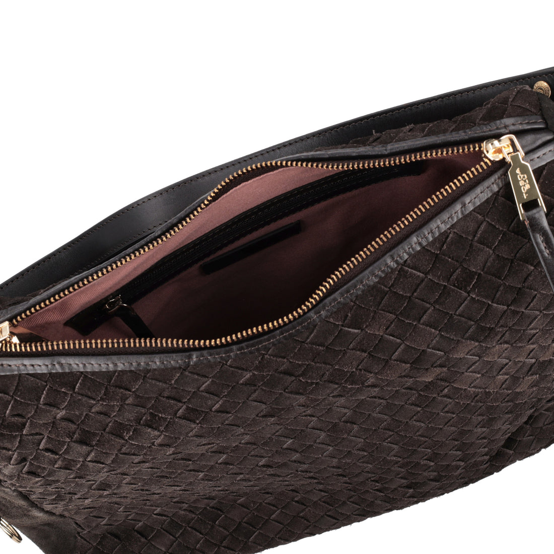 dark brown susan woven shoulder bag in suede
