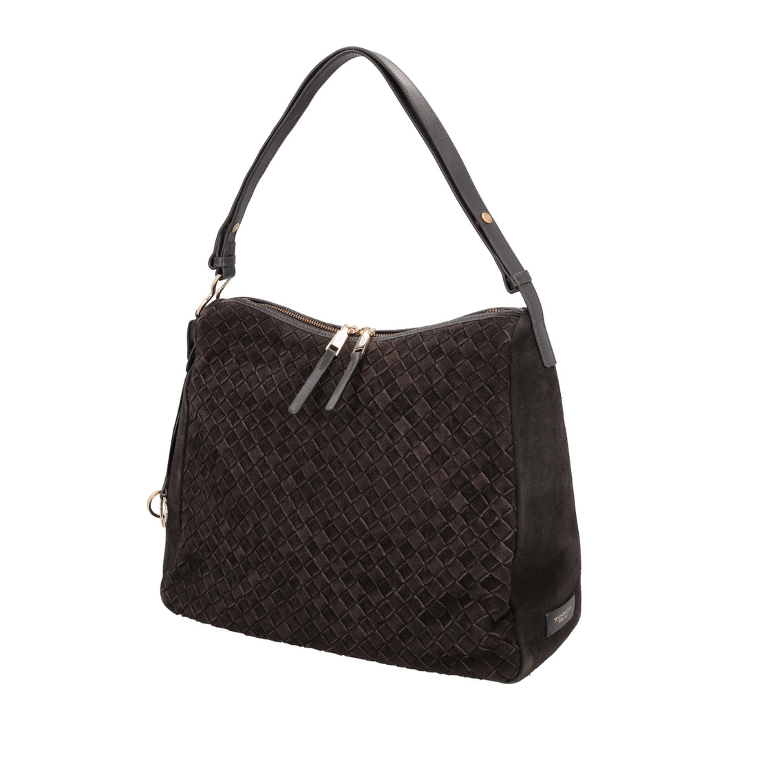 dark brown susan woven shoulder bag in suede