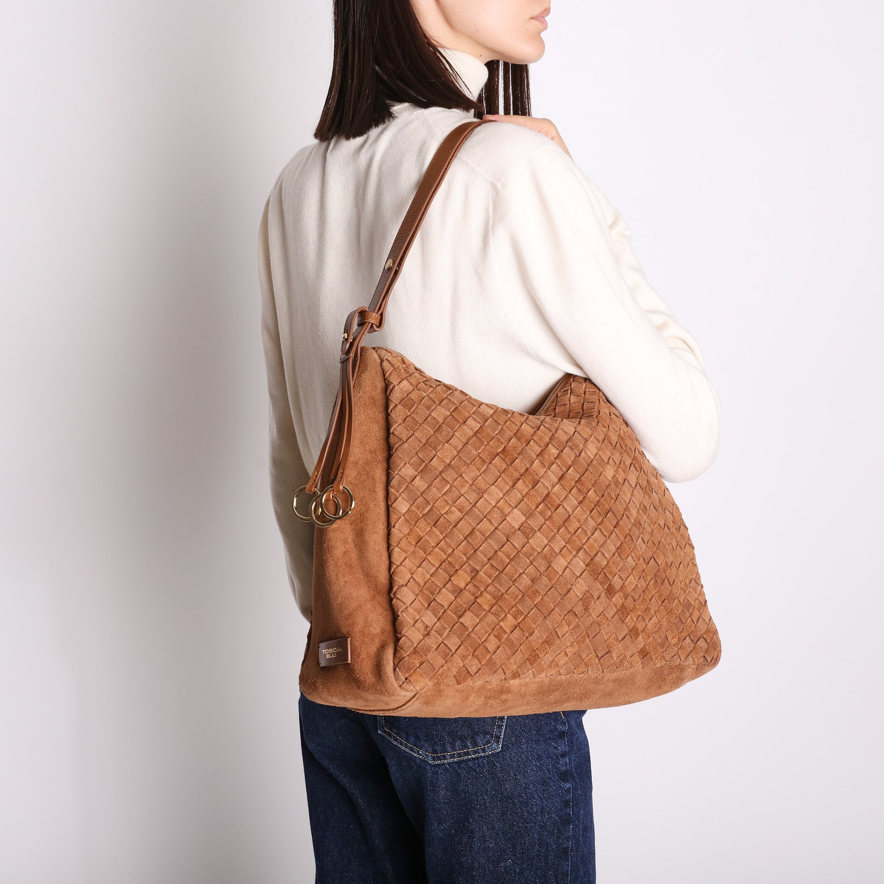 cognac susan woven shoulder bag in suede