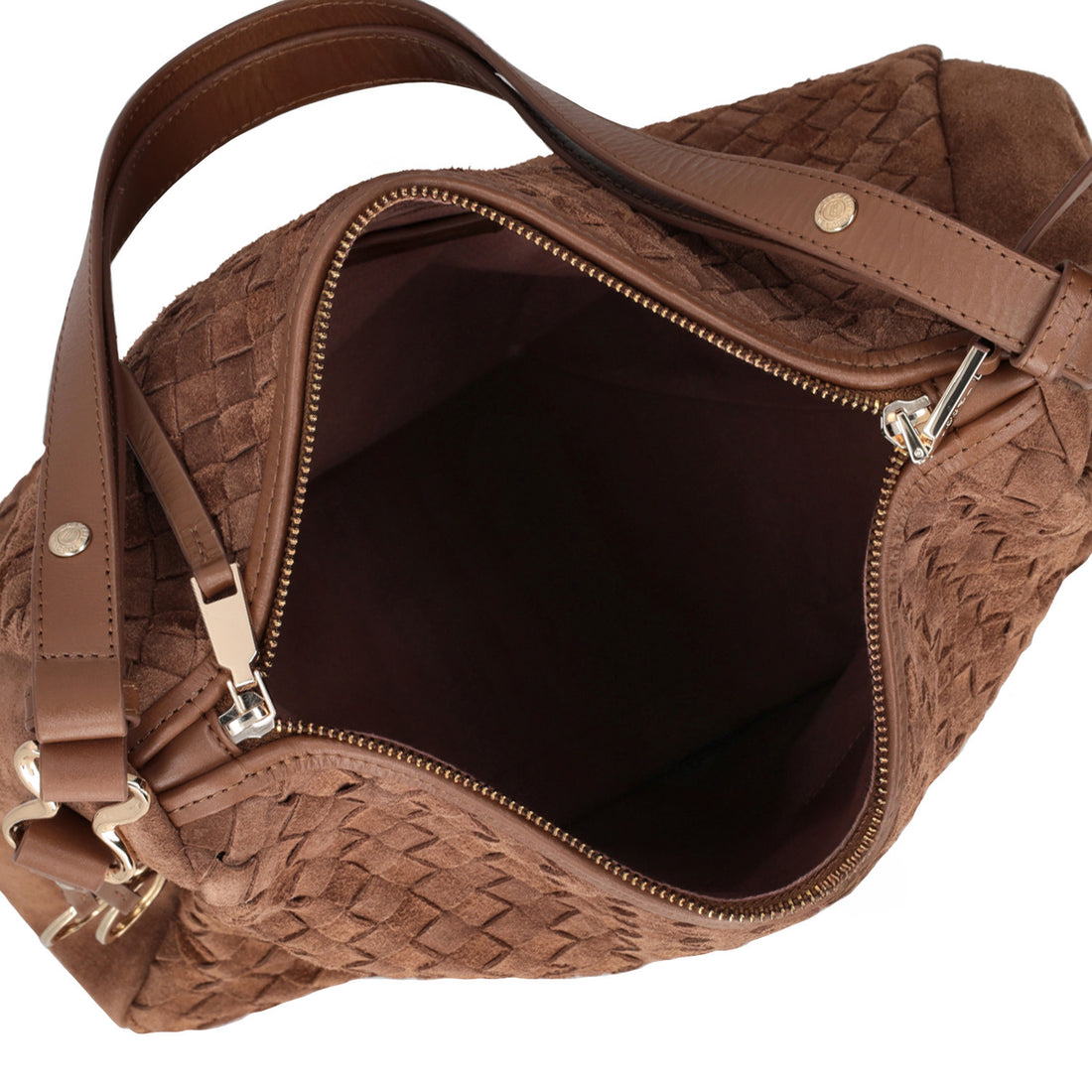 cognac susan woven shoulder bag in suede