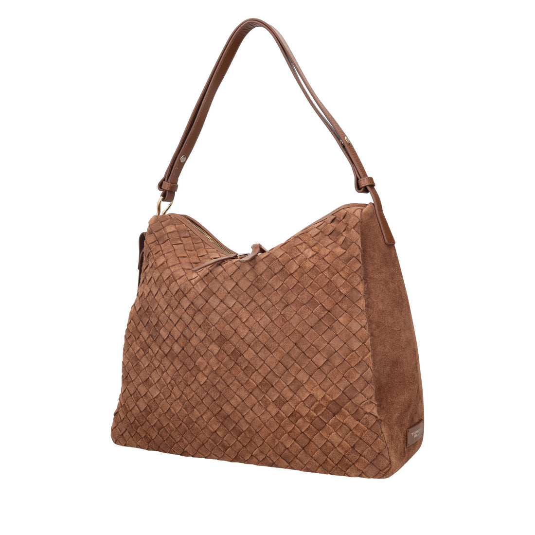 cognac susan woven shoulder bag in suede