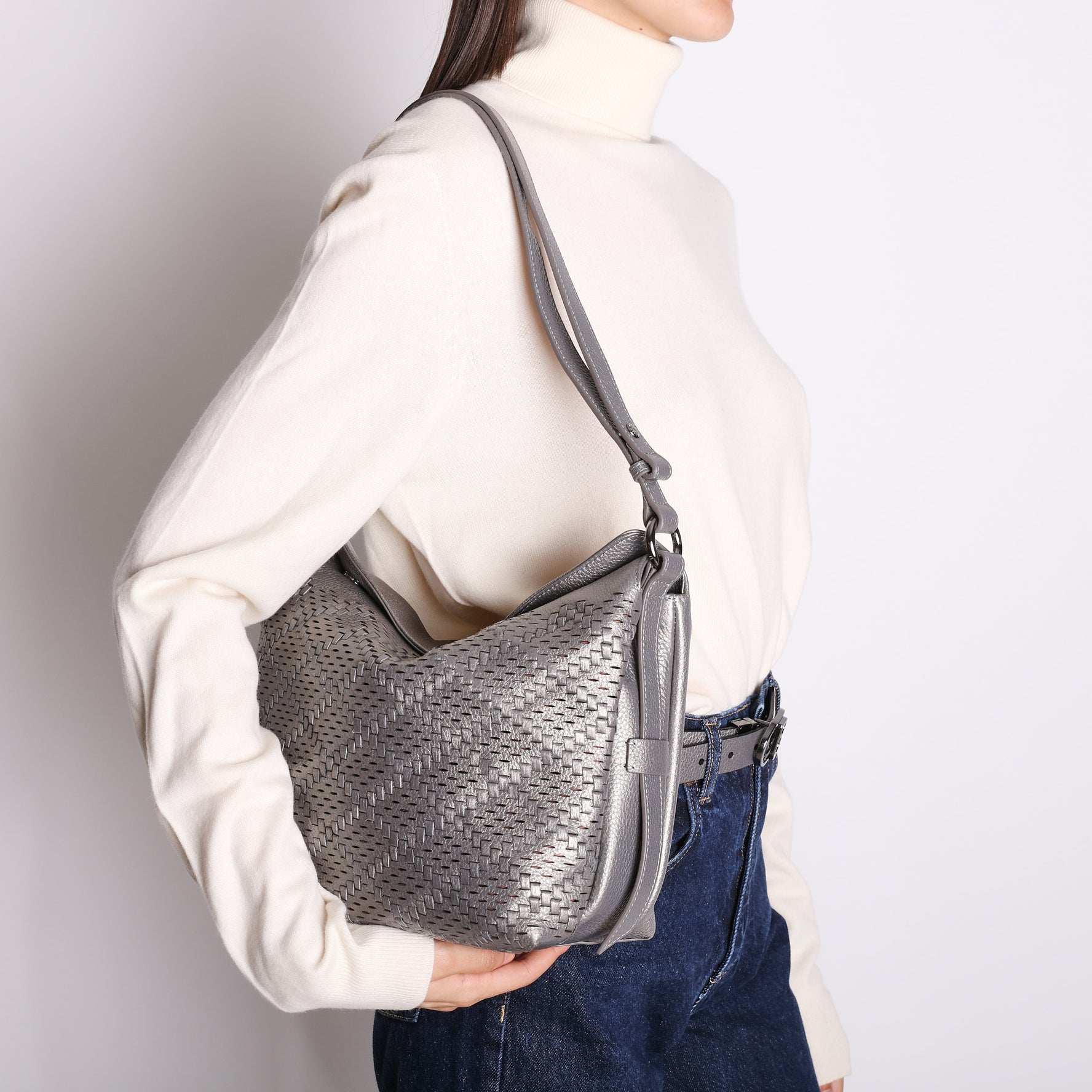 gun metal janet medium shoulder bag with woven