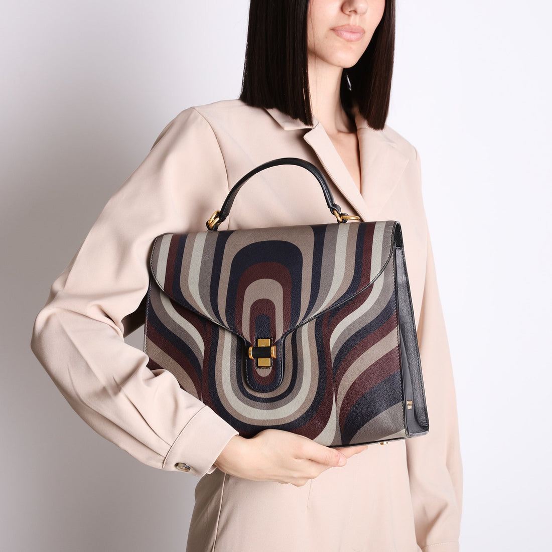 Borsa a mano grande Grace con stampa geometrica colore fango
