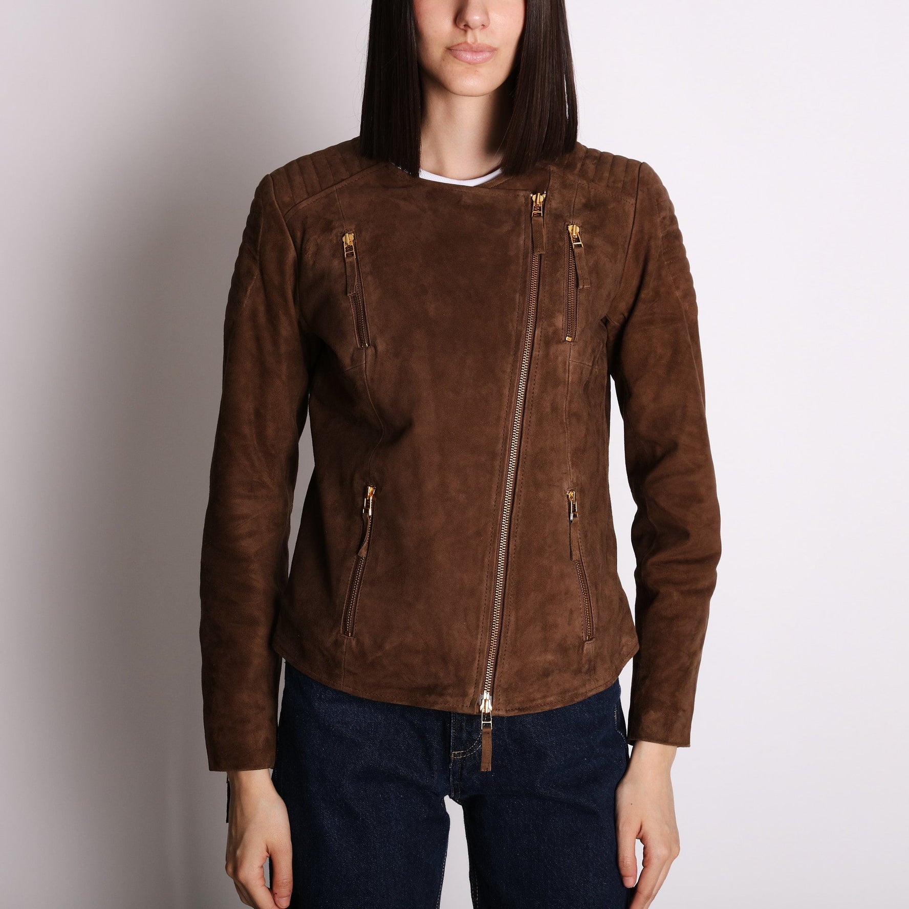 Giacca in pelle scamosciata colore testa di moro