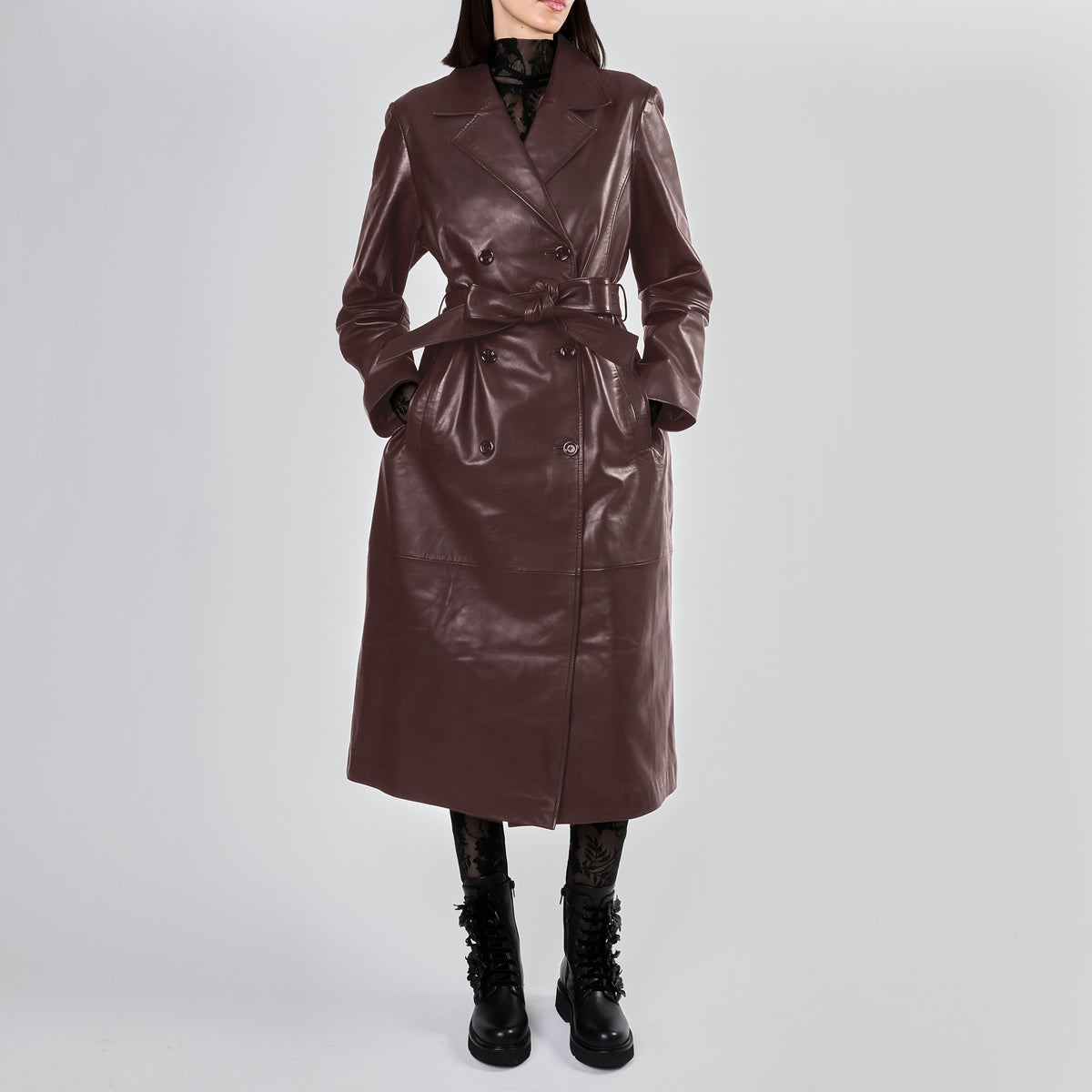 DARK BROWN Belted long leather trench coat