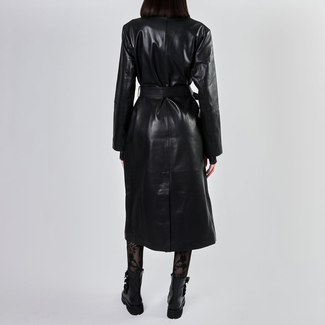 Trench lungo in pelle con cintura colore nero
