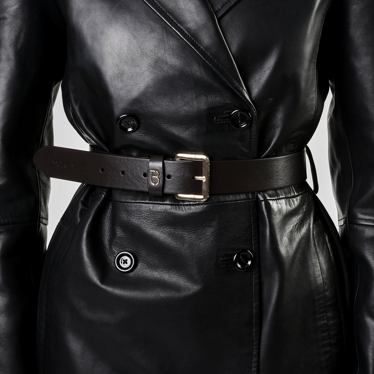 DARK BROWN Gold buckle leather belt
