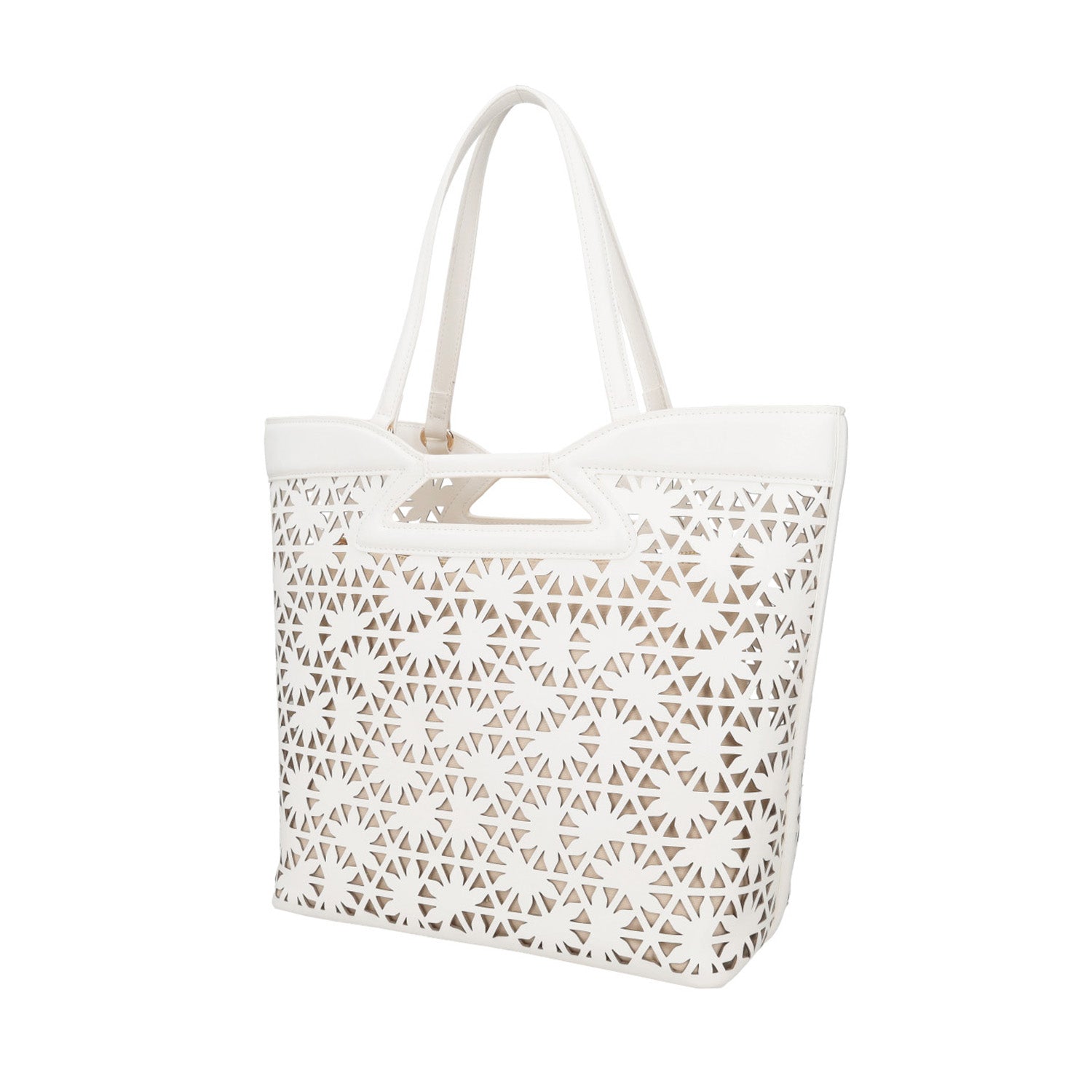 WHITE PEONIA LASERED SHOPPING BAG WITH DOUBLE HANDLE