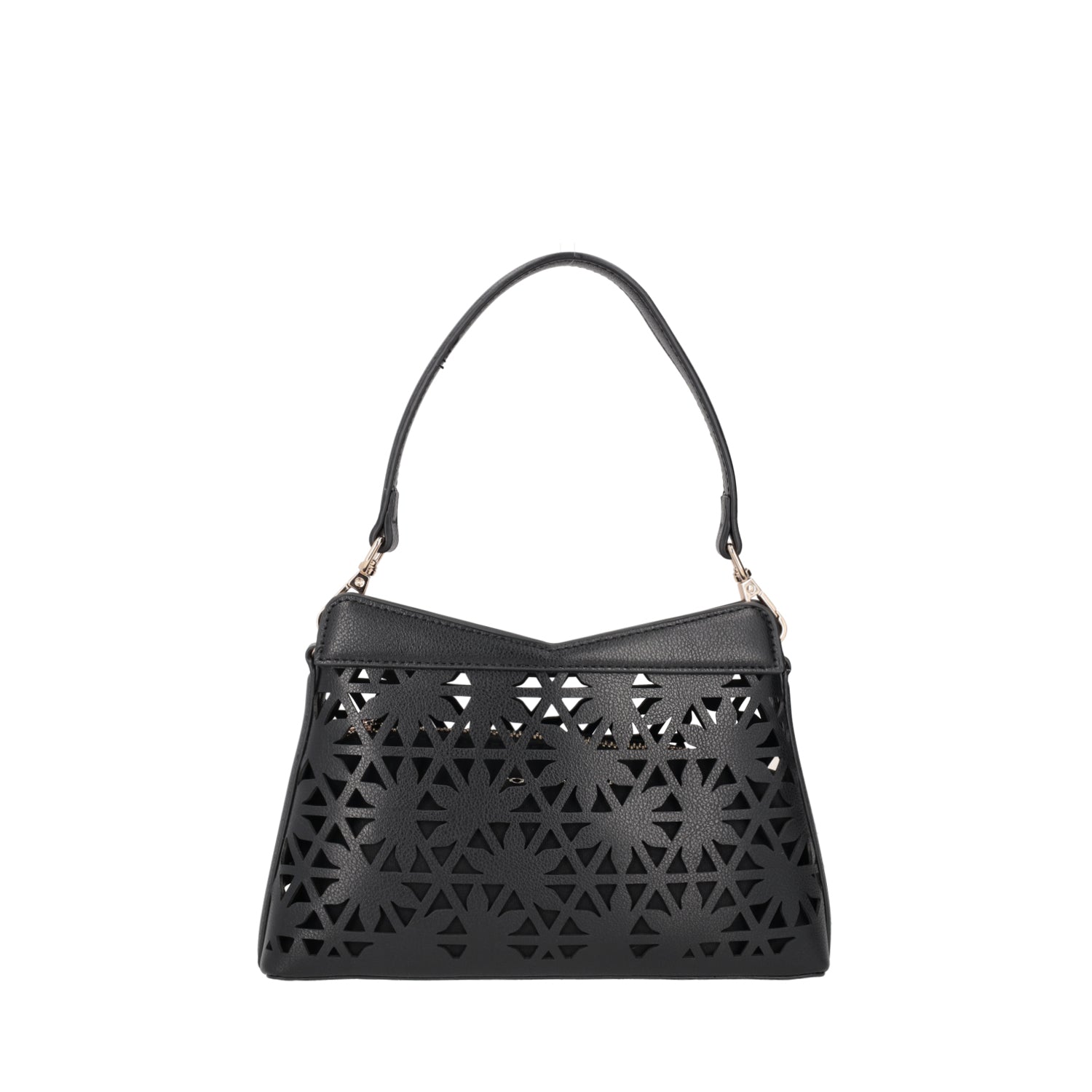 BLACK PEONIA LASERED CROSSBODY BAG WITH GOLD CHAIN