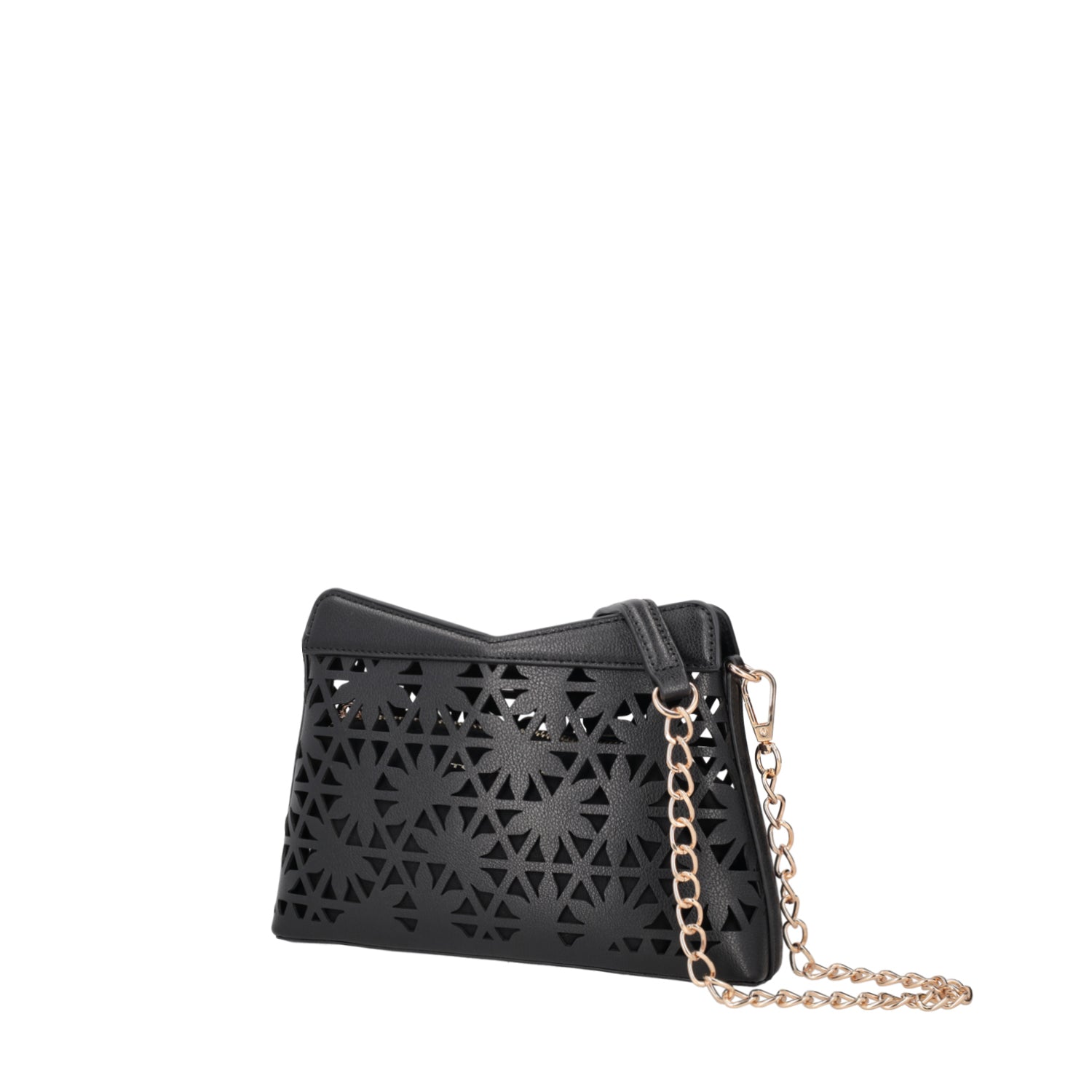 BLACK PEONIA LASERED CROSSBODY BAG WITH GOLD CHAIN