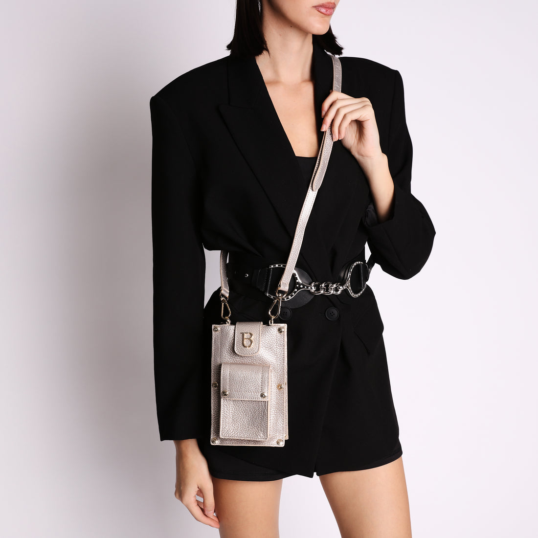 Elodie leather mobile phone holder with gold shoulder strap