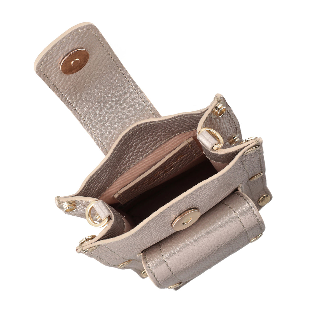 Elodie leather mobile phone holder with gold shoulder strap