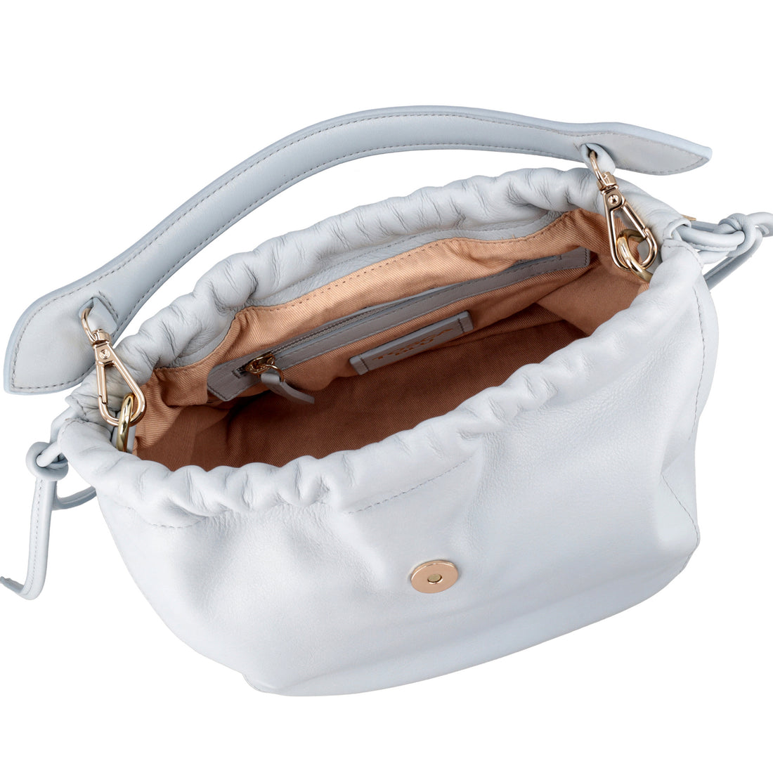 Paris leather bucket bag in light blue color