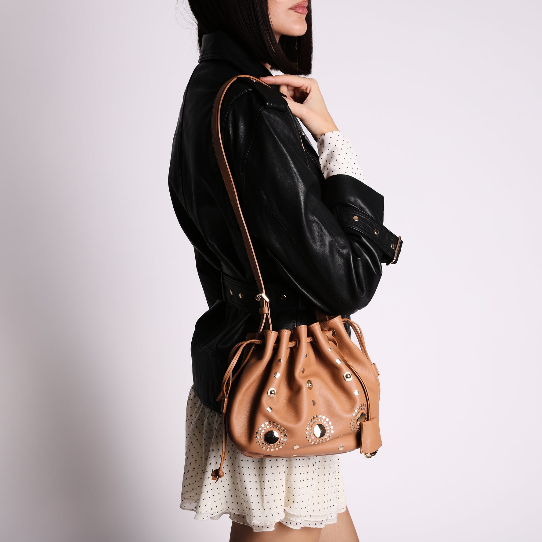 Ibiza bucket bag with biscuit studs