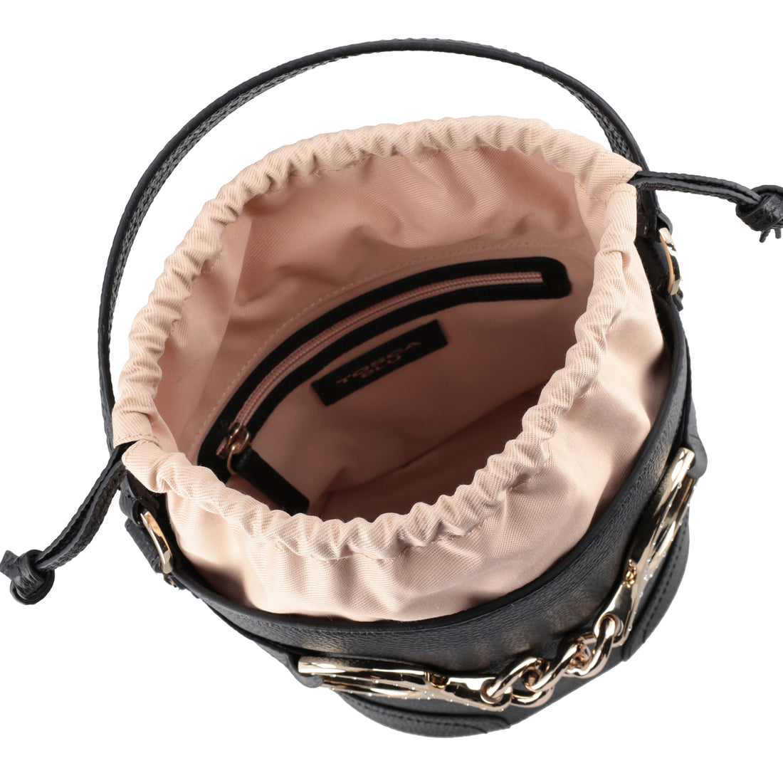 Cecilia leather bucket bag with black bracket