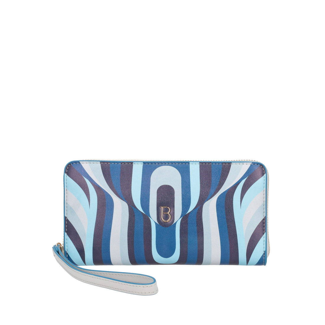 Portafoglio zip around Grace in pelle con stampa colore bluette