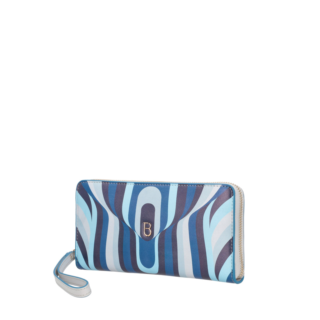 Portafoglio zip around Grace in pelle con stampa colore bluette