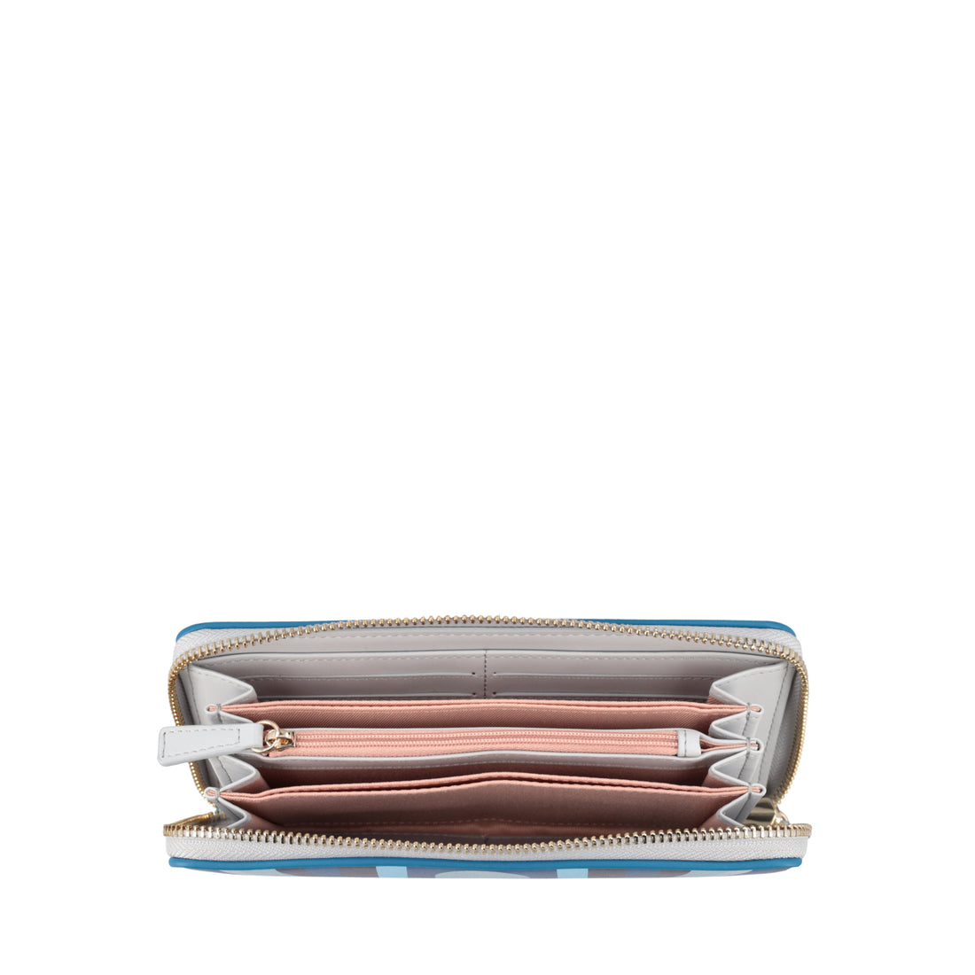 Portafoglio zip around Grace in pelle con stampa colore bluette