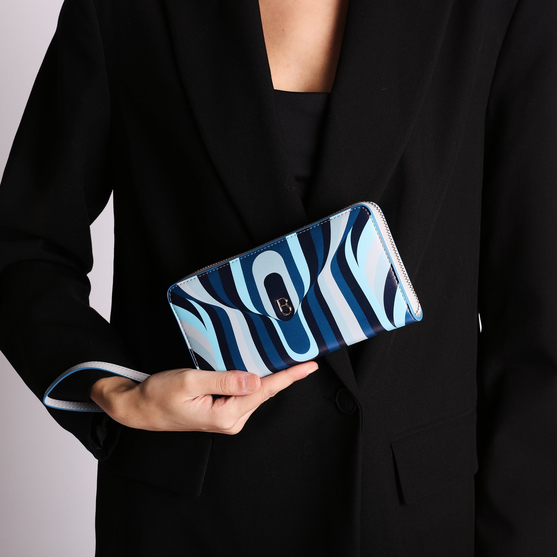 Portafoglio zip around Grace in pelle con stampa colore bluette