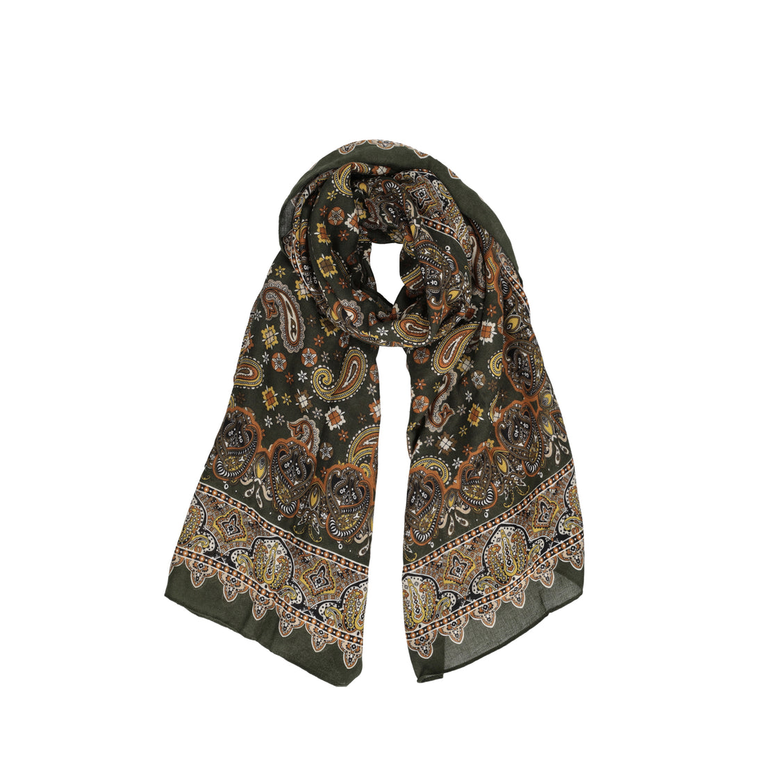 Caramel scarf with olive green print