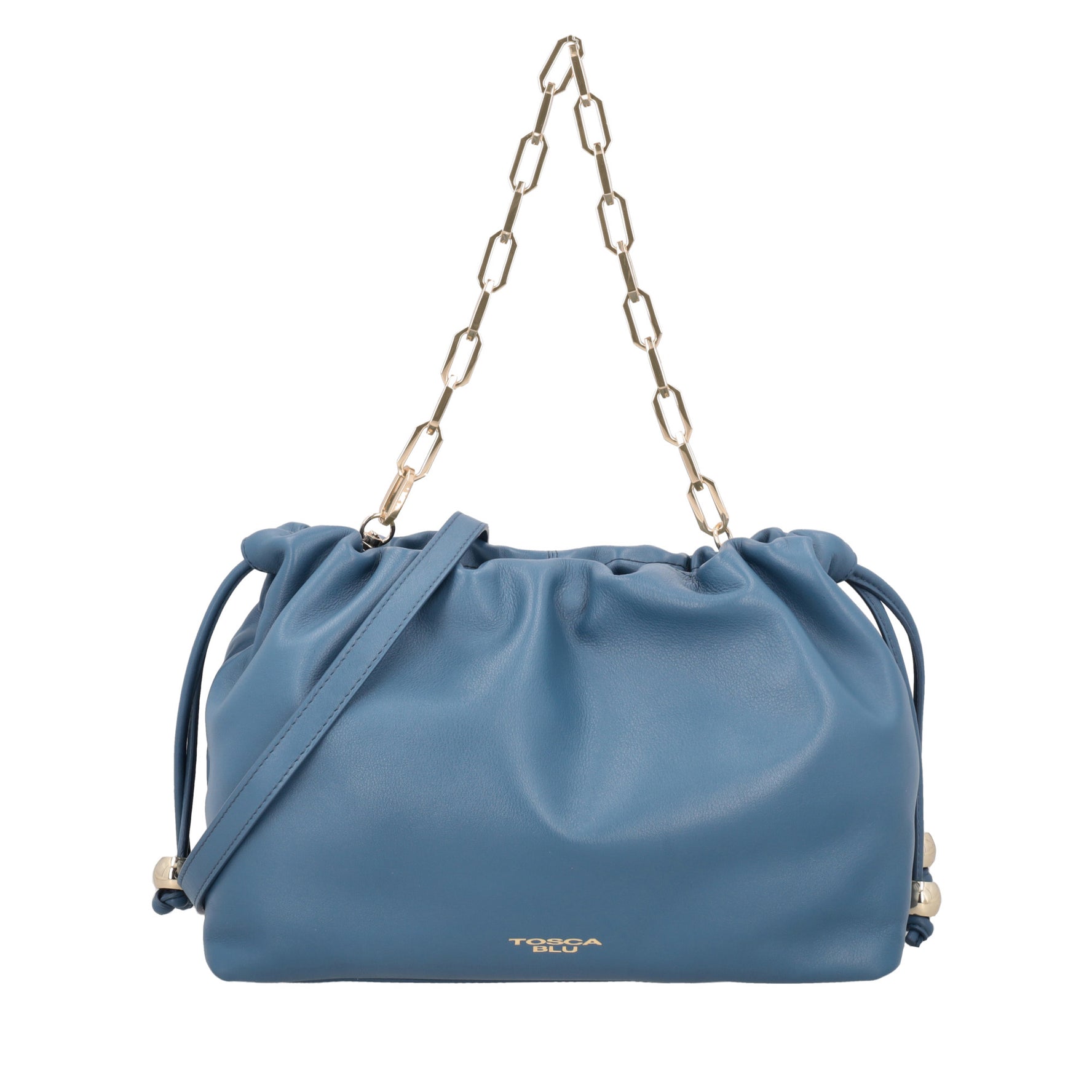 Pochette grande Harper in pelle con coulisse colore blu