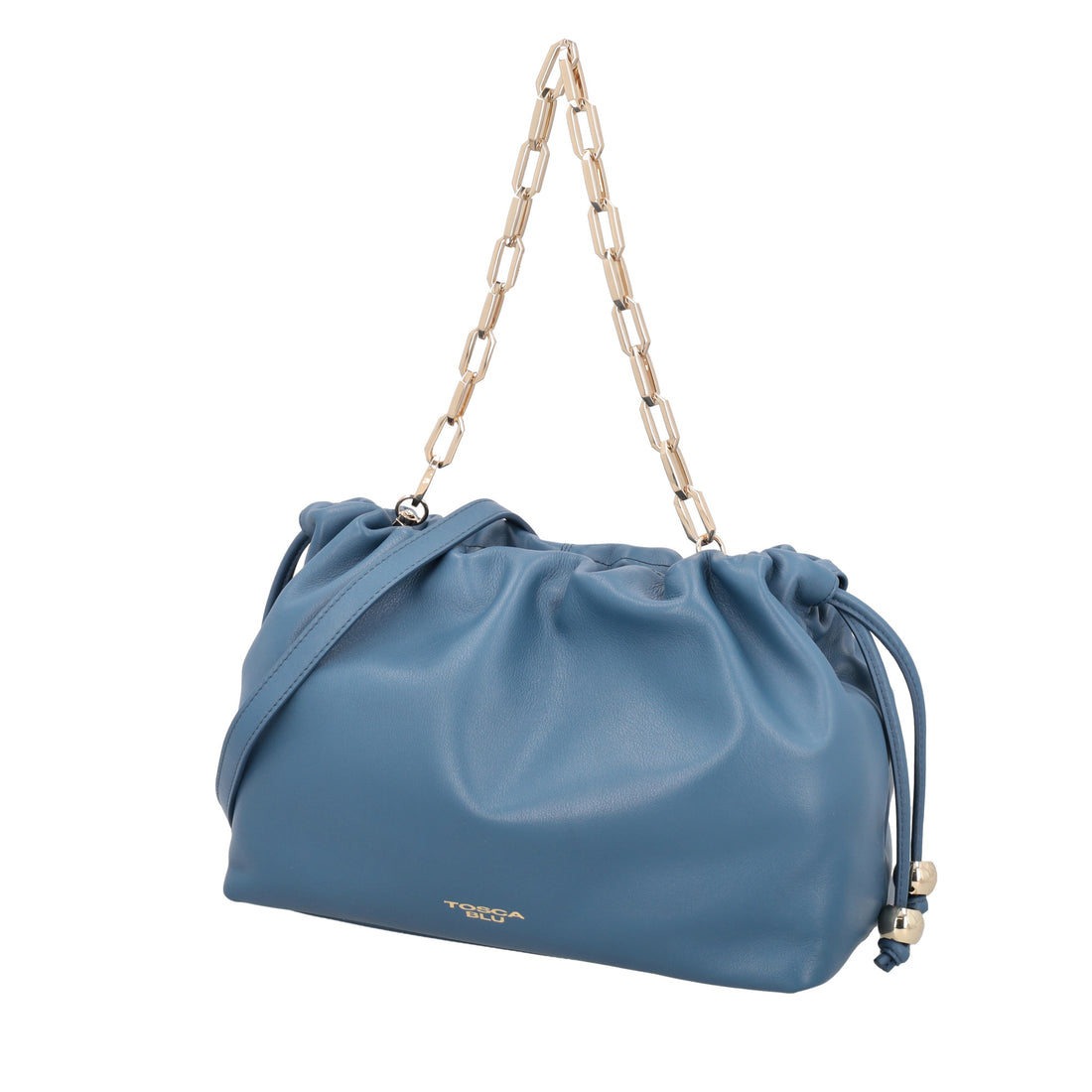 Pochette grande Harper in pelle con coulisse colore blu