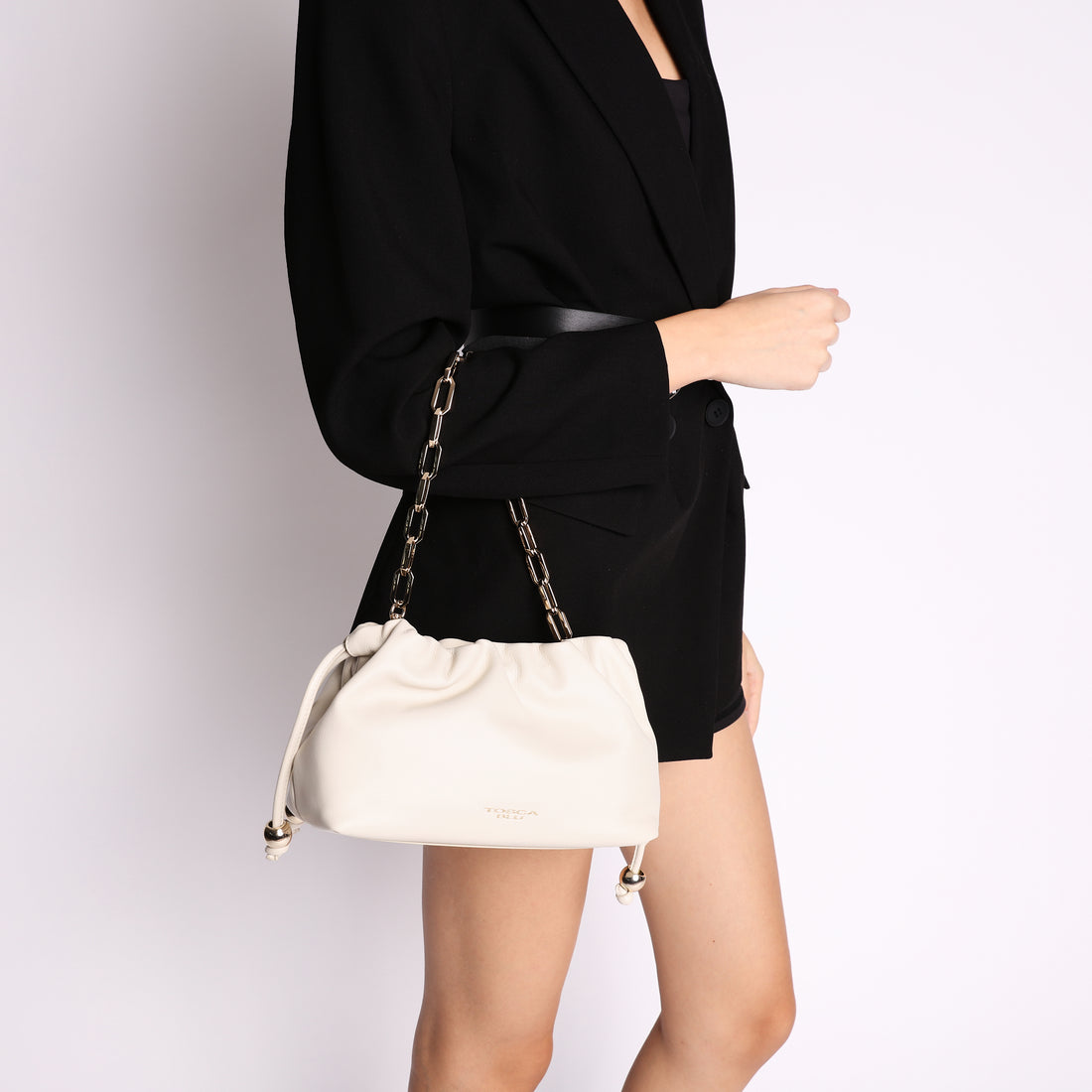 Pochette Harper in pelle con coulisse colore avorio