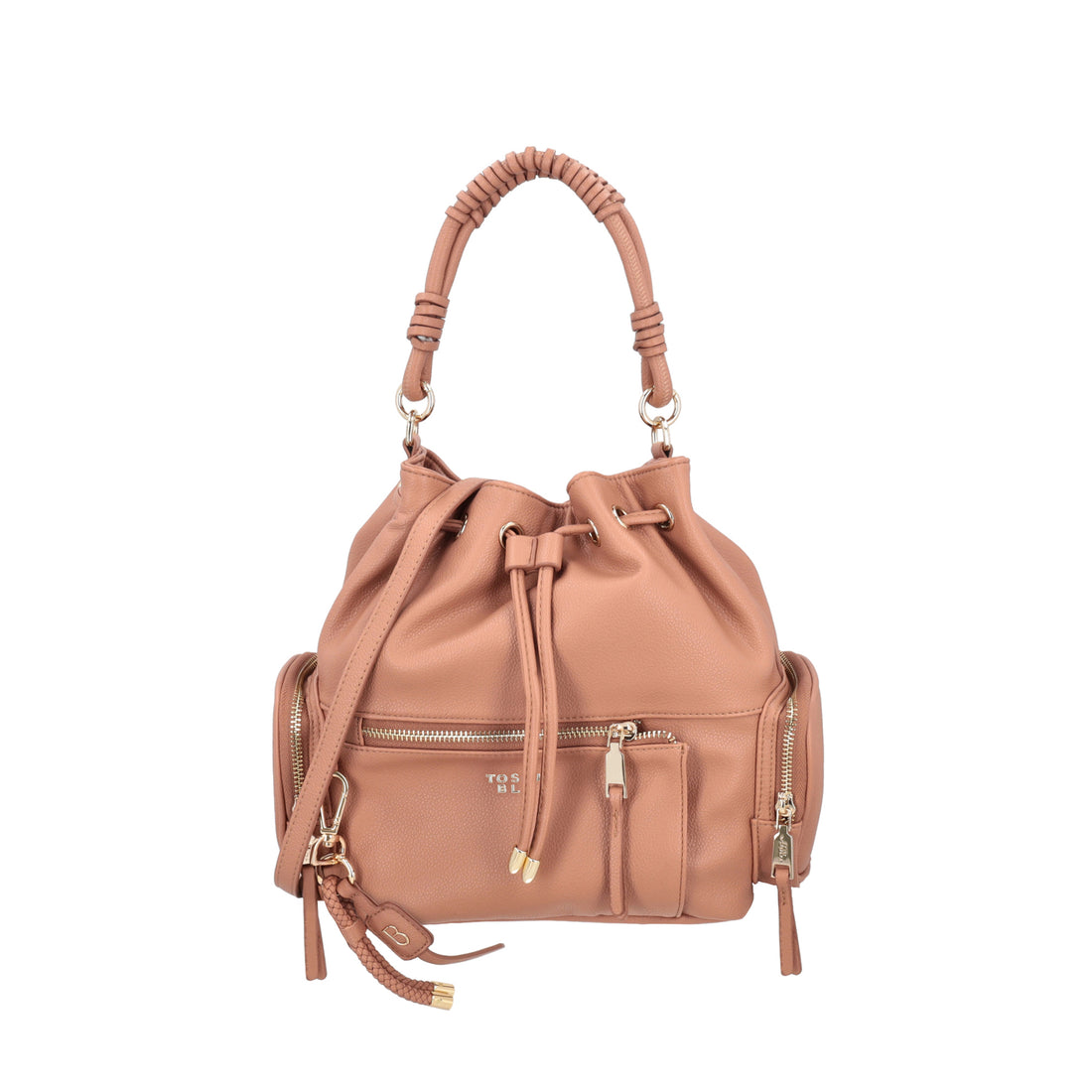 Tokyo bucket bag with pockets and biscuit color shoulder strap