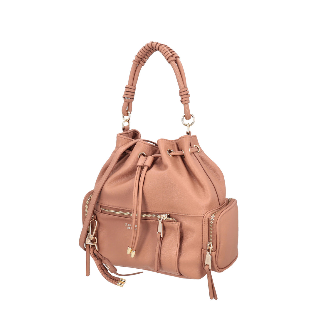 Tokyo bucket bag with pockets and biscuit color shoulder strap