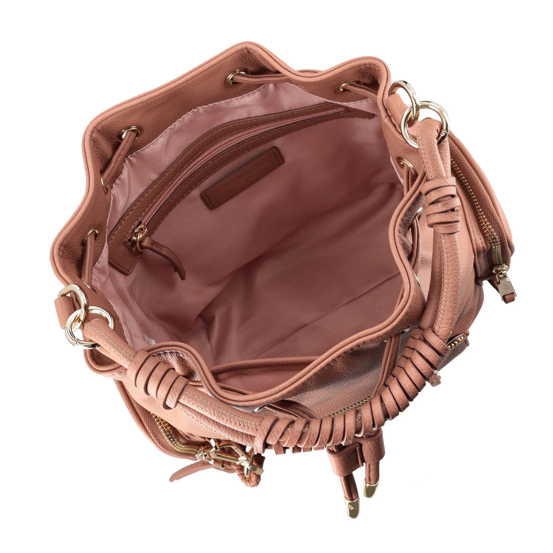 Tokyo bucket bag with pockets and biscuit color shoulder strap