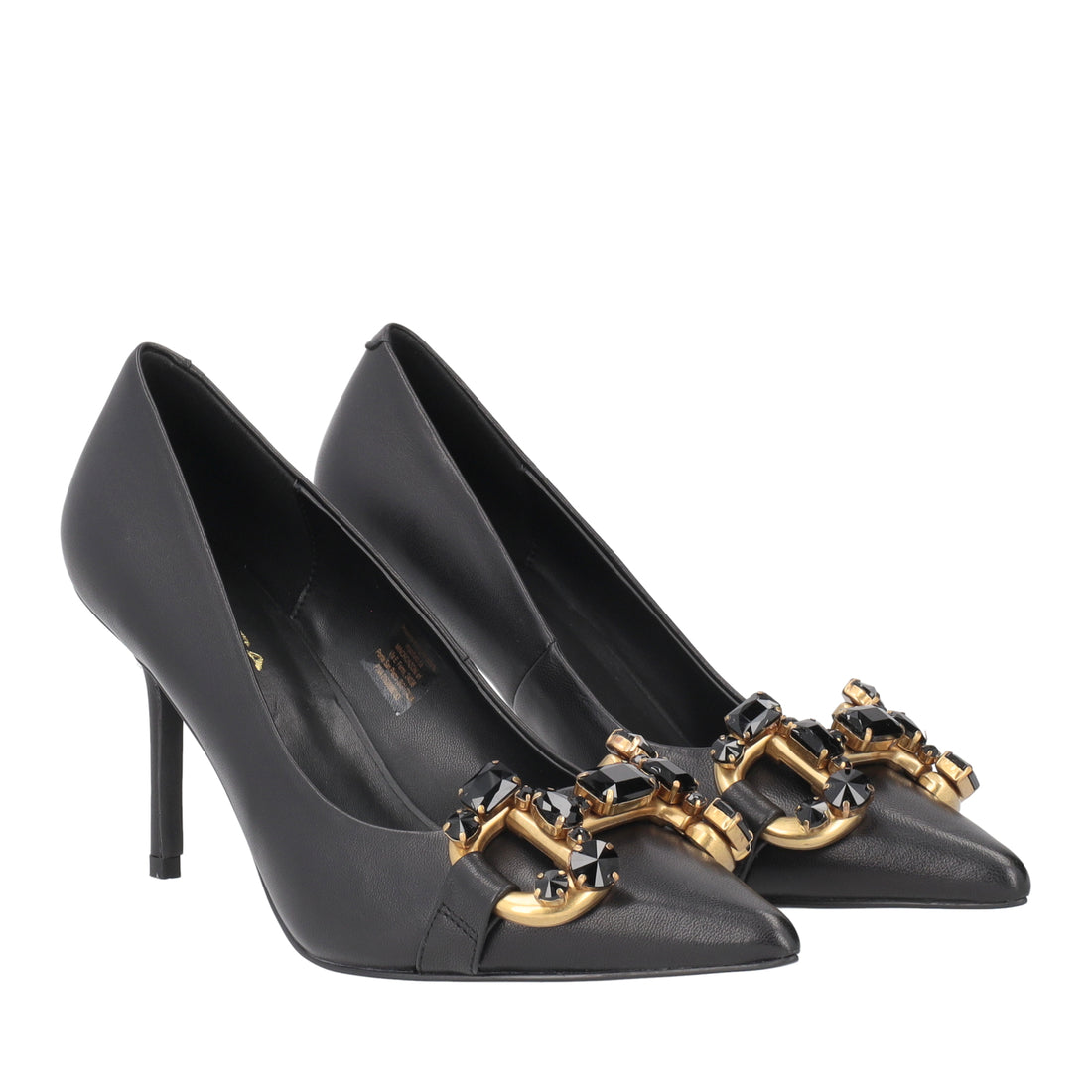 “CHARLOTTE” COURT SHOE IN BLACK NAPPA WITH A MID HEEL & DETAIL